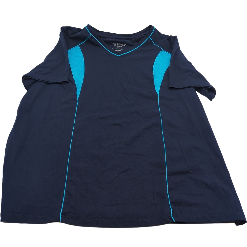 Catherines Navy Blue Turquoise Active V-Neck Short Sleeve Top 1X 18/20W